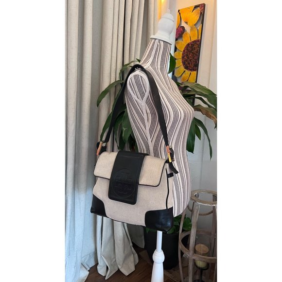 TORY BURCH AUTHENTIC VINTAGE CANVAS AND BLACK (DARK BLUE?) HANDBAG - Picture 12 of 15